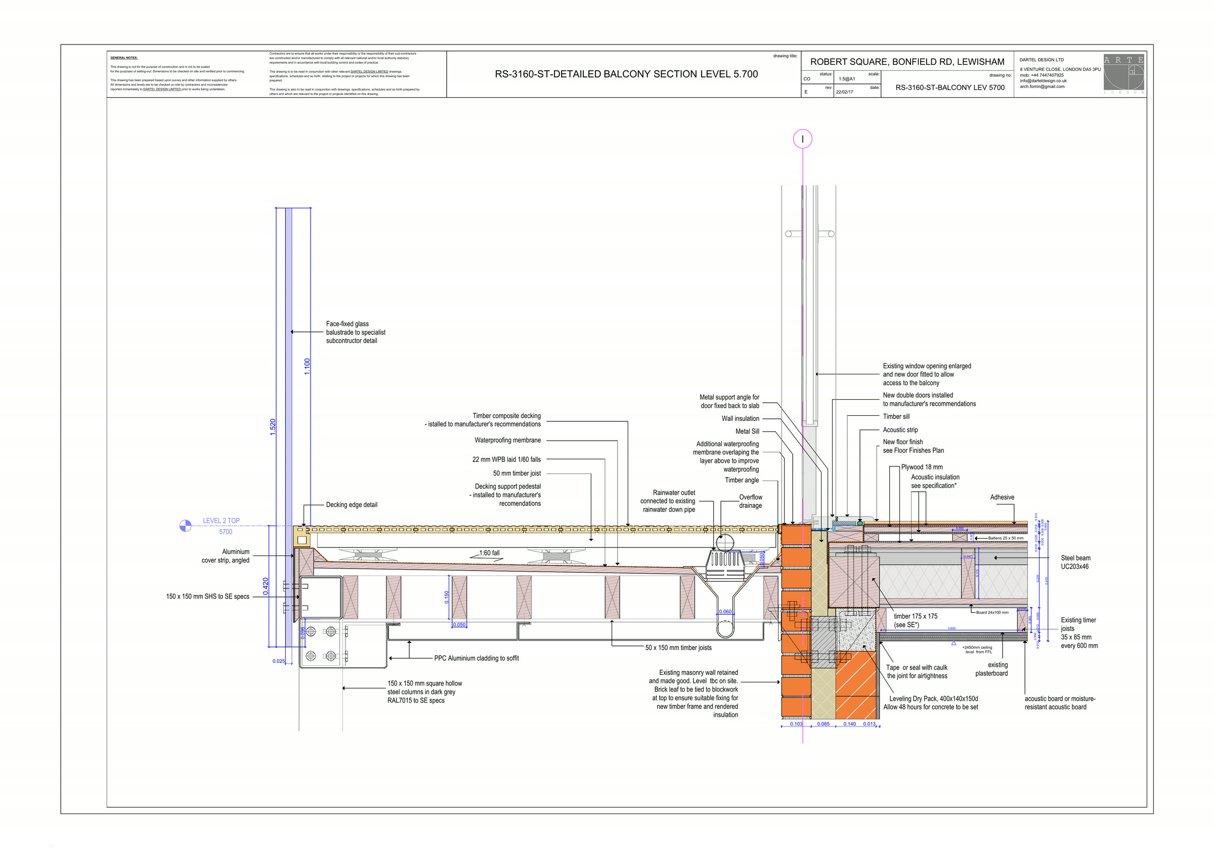 Balcony detail at level +5700. Existing opening enlarged, new door fitted, existing masonry retained and made 