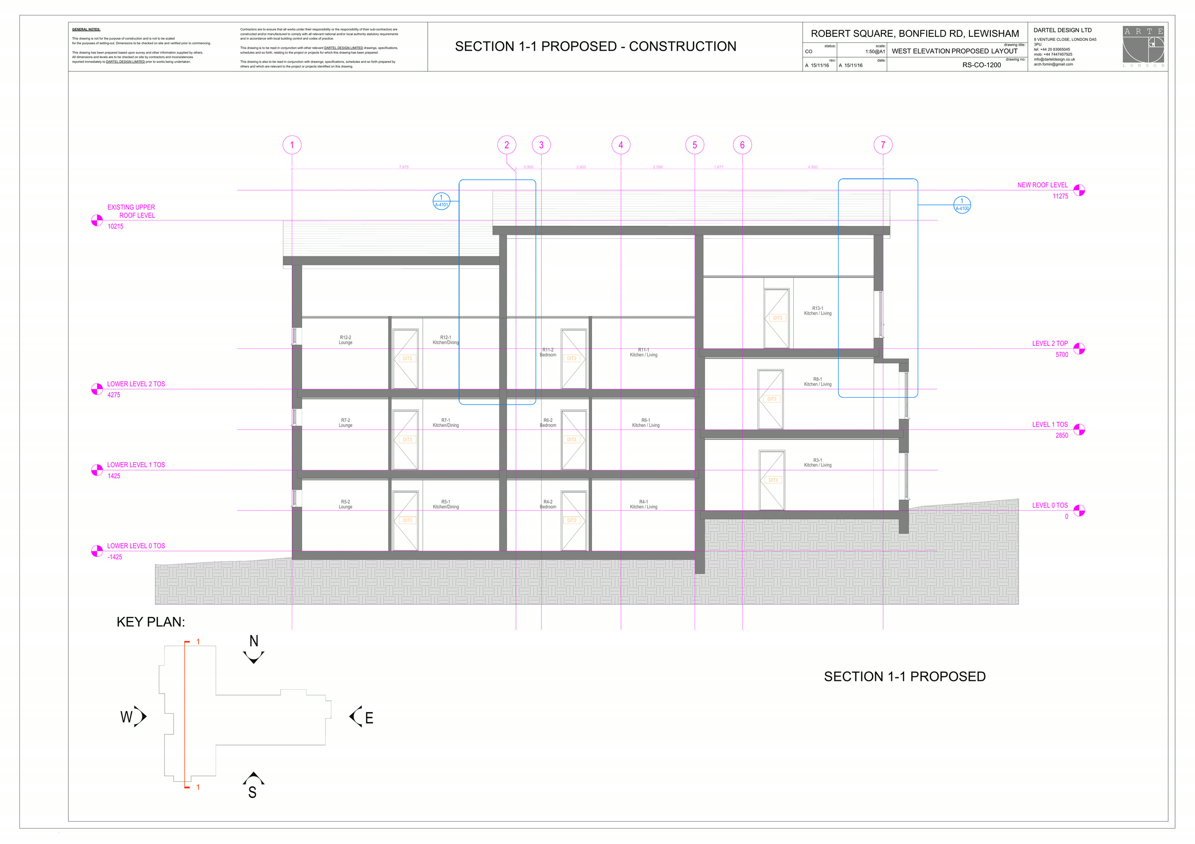 Section 1-1. Existing upper roof at +10215, new roof at +11275. Every level marker on the sheet is a multiple 